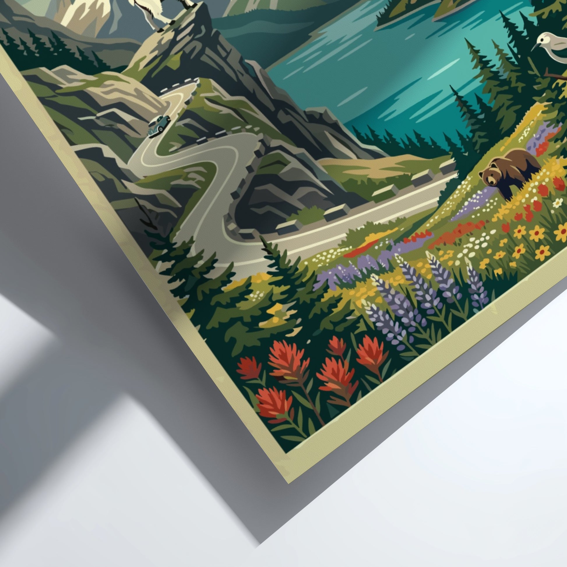 Travel poster of Glacier National Park with mountain peaks, a goat, and wildflowers.