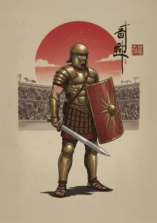 Illustration of a Roman soldier in gold armor with a red shield and sword, set against a stadium background.
