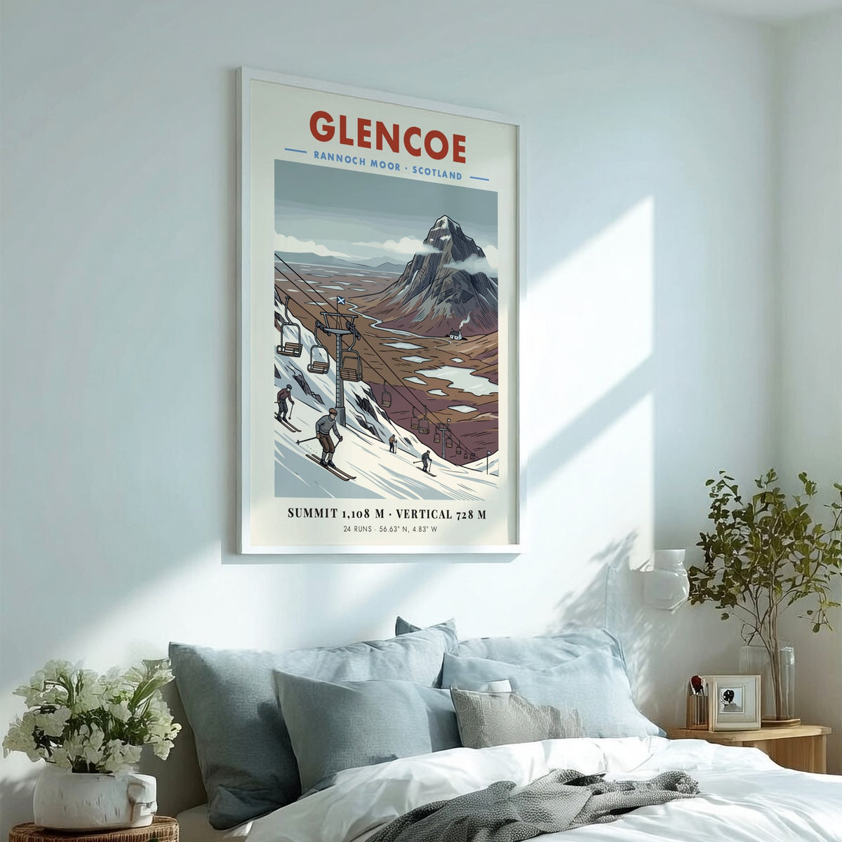 Poster featuring a vintage illustration of Glencoe ski slopes and Rannoch Moor mountains