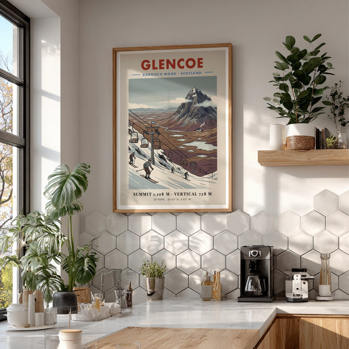 Poster featuring a vintage illustration of Glencoe ski slopes and Rannoch Moor mountains