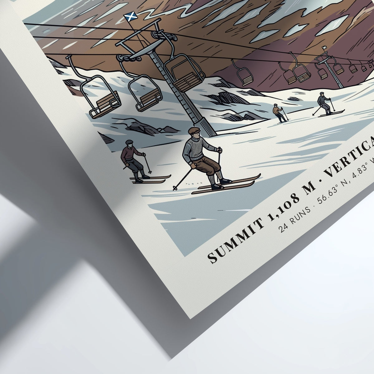 Poster featuring a vintage illustration of Glencoe ski slopes and Rannoch Moor mountains