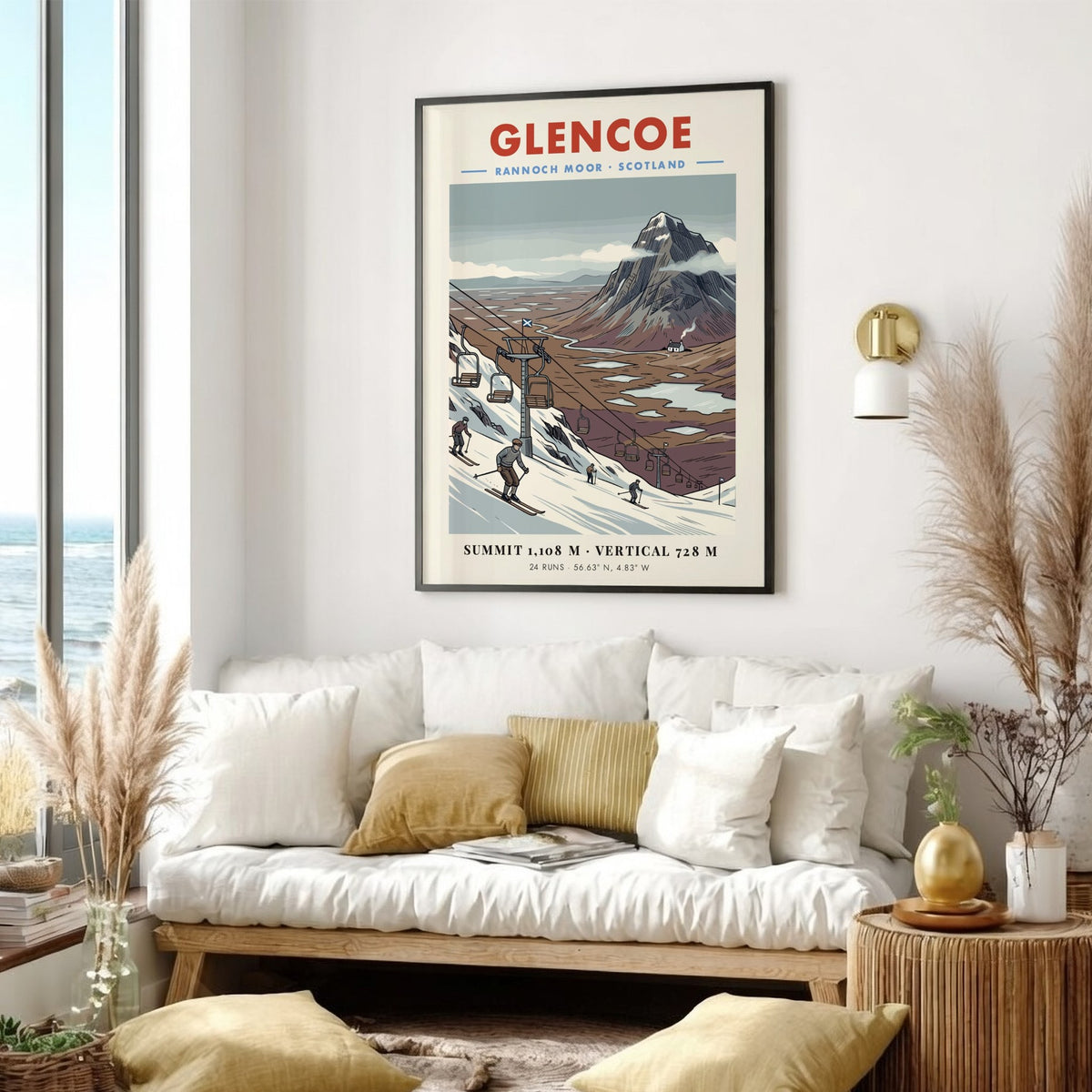 Poster featuring a vintage illustration of Glencoe ski slopes and Rannoch Moor mountains