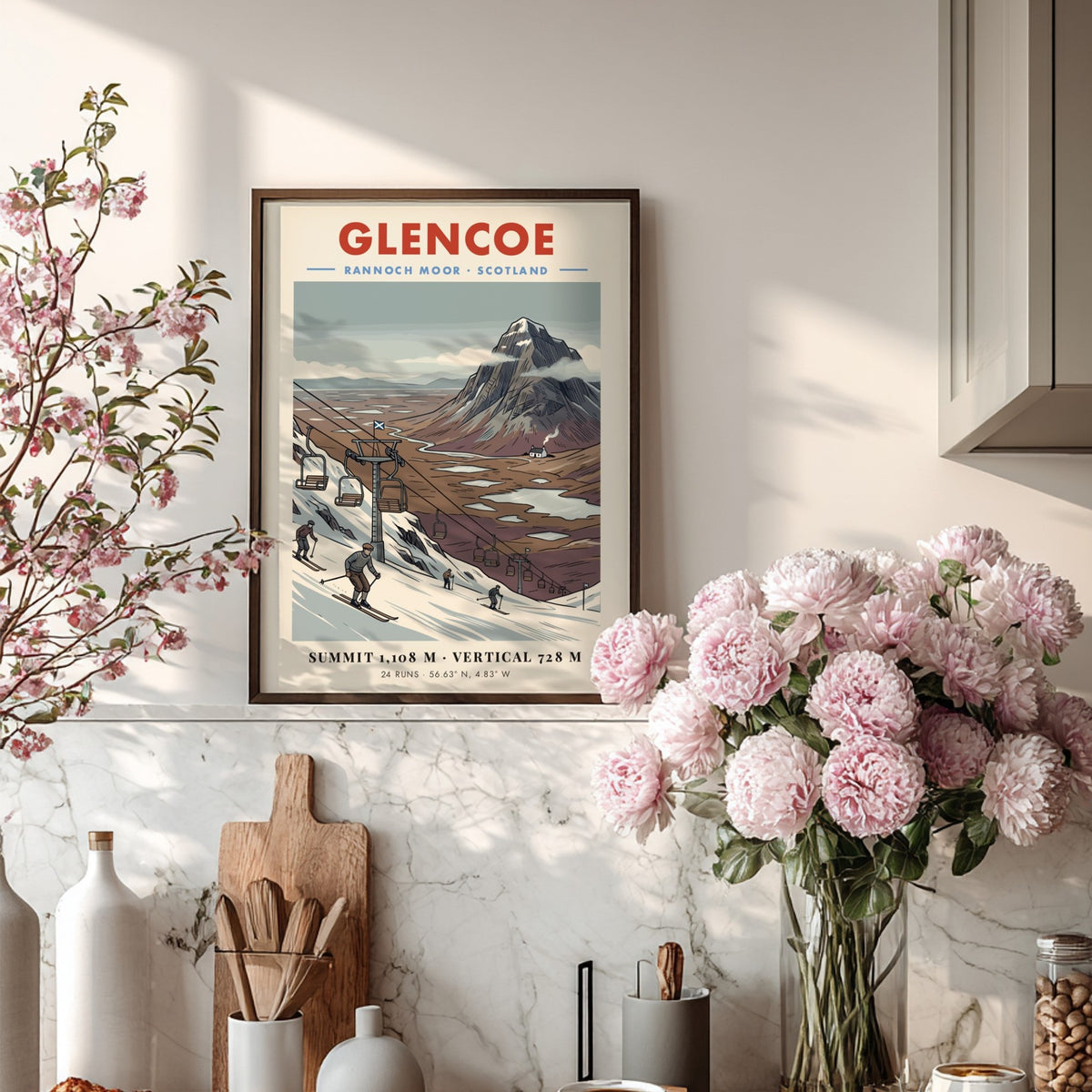 Poster featuring a vintage illustration of Glencoe ski slopes and Rannoch Moor mountains