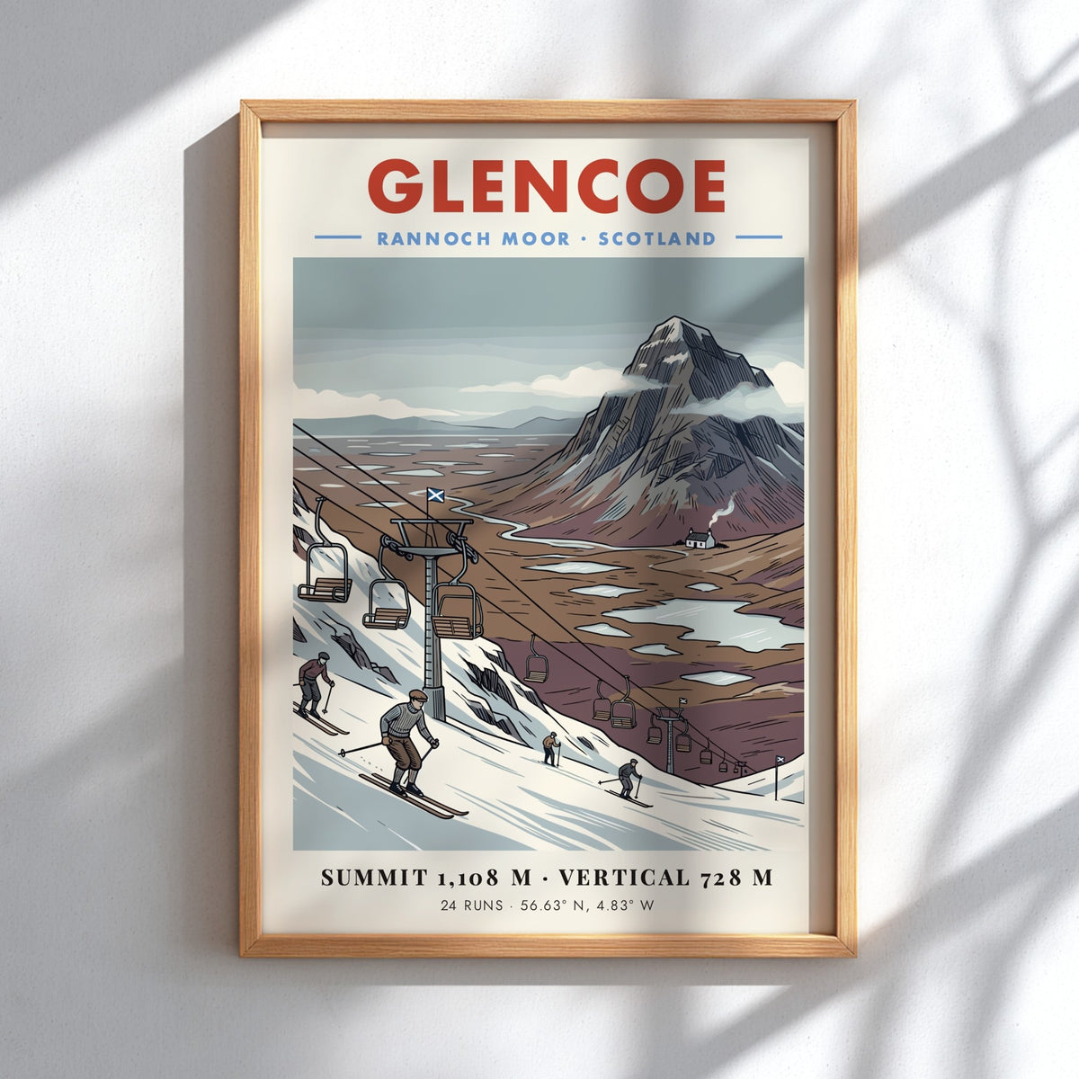 Poster featuring a vintage illustration of Glencoe ski slopes and Rannoch Moor mountains
