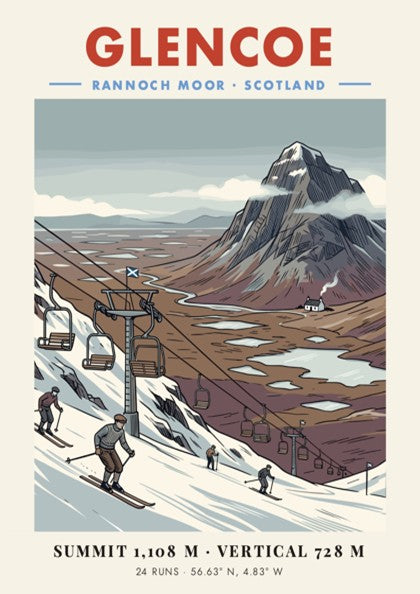 Poster featuring a vintage illustration of Glencoe ski slopes and Rannoch Moor mountains