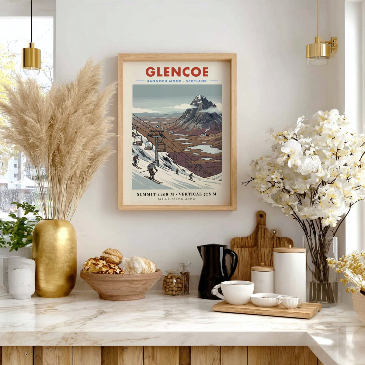 Poster featuring a vintage illustration of Glencoe ski slopes and Rannoch Moor mountains