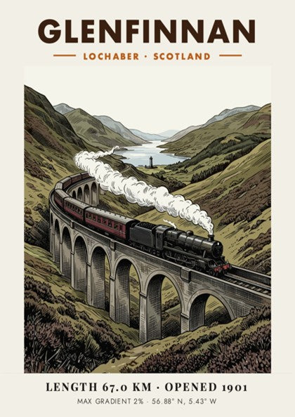 Railway poster featuring a steam train crossing the Glenfinnan Viaduct in Scotland mountains