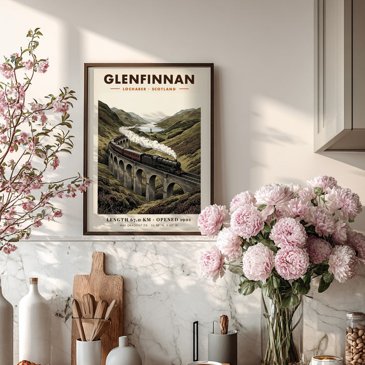 Railway poster featuring a steam train crossing the Glenfinnan Viaduct in Scotland mountains