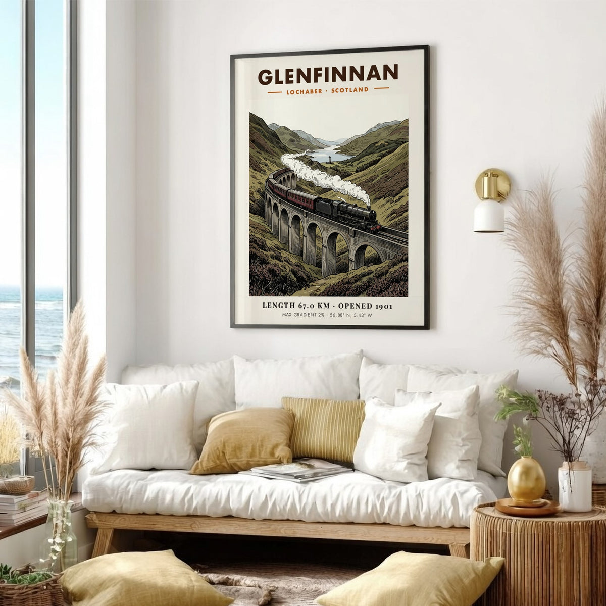 Railway poster featuring a steam train crossing the Glenfinnan Viaduct in Scotland mountains