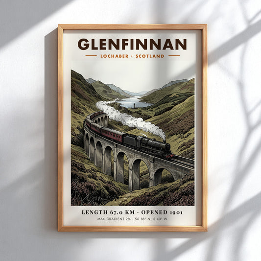 Railway poster featuring a steam train crossing the Glenfinnan Viaduct in Scotland mountains