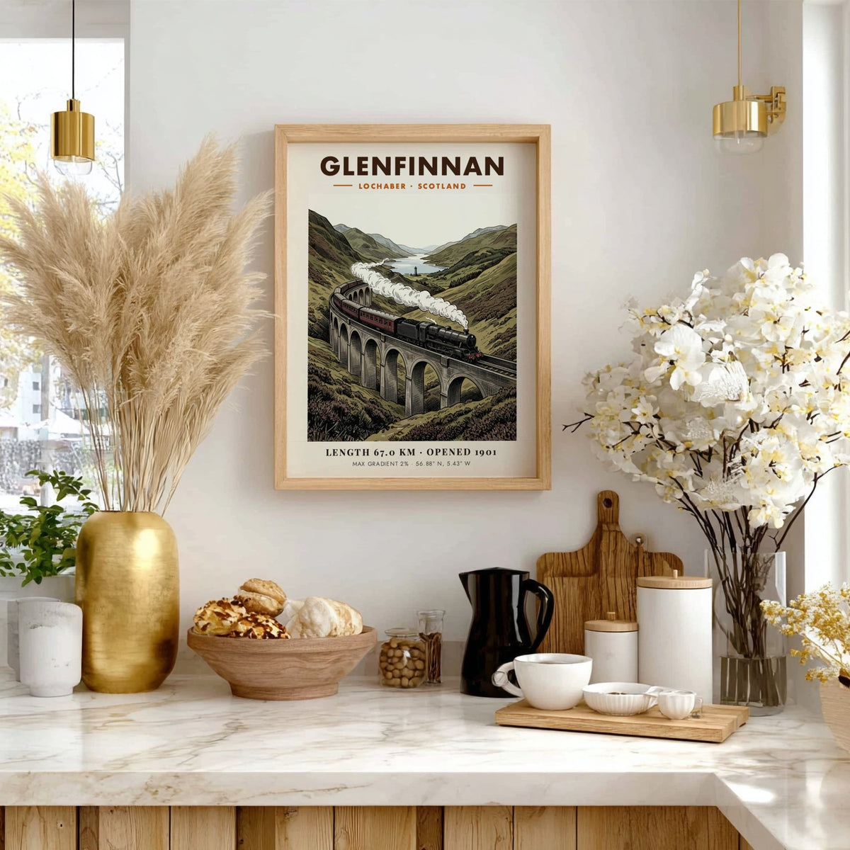 Railway poster featuring a steam train crossing the Glenfinnan Viaduct in Scotland mountains