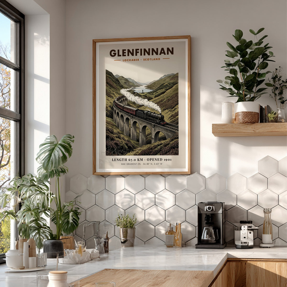 Railway poster featuring a steam train crossing the Glenfinnan Viaduct in Scotland mountains