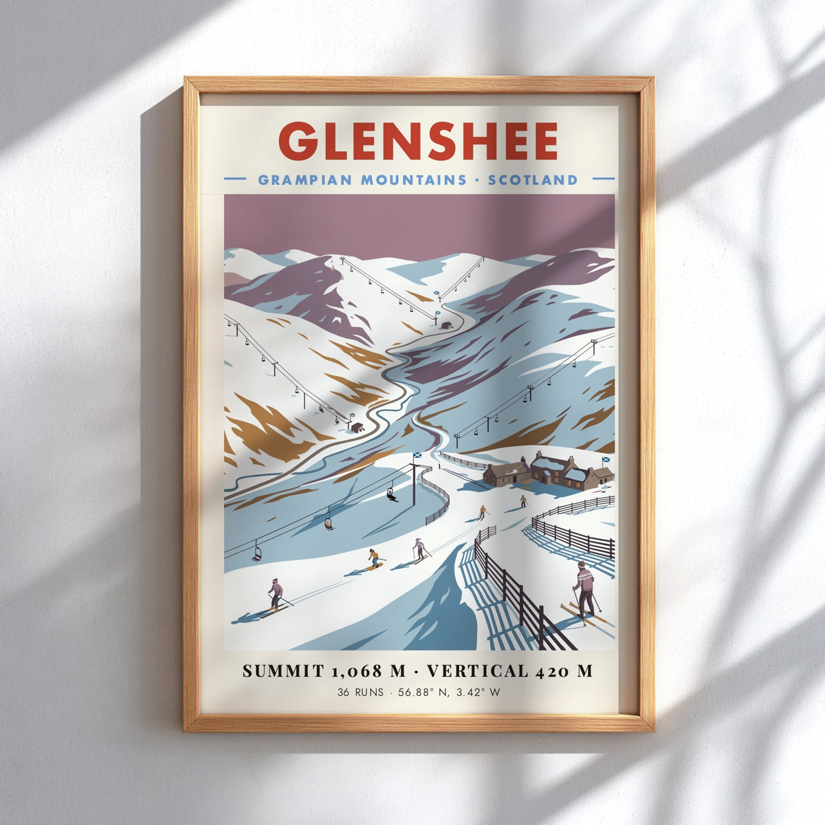 Poster of Glenshee in the Grampian Mountains featuring snow-covered slopes and ski lifts.