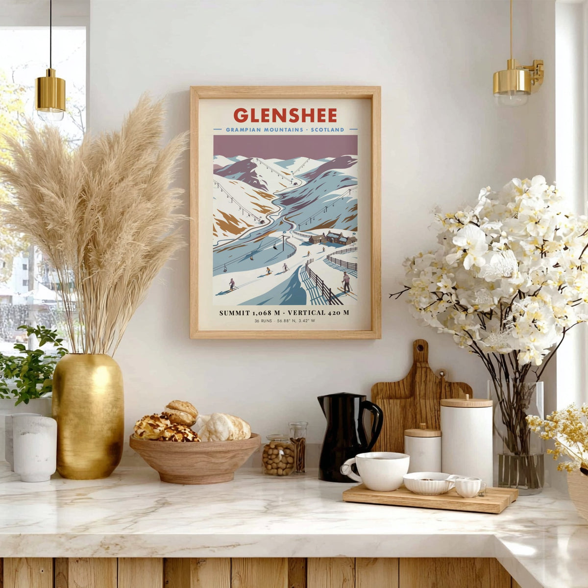 Poster of Glenshee in the Grampian Mountains featuring snow-covered slopes and ski lifts.