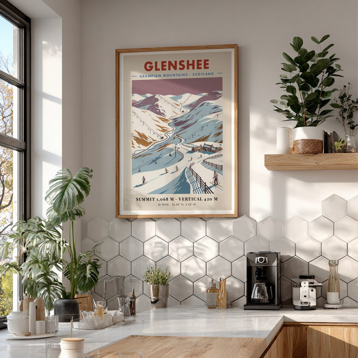 Poster of Glenshee in the Grampian Mountains featuring snow-covered slopes and ski lifts.