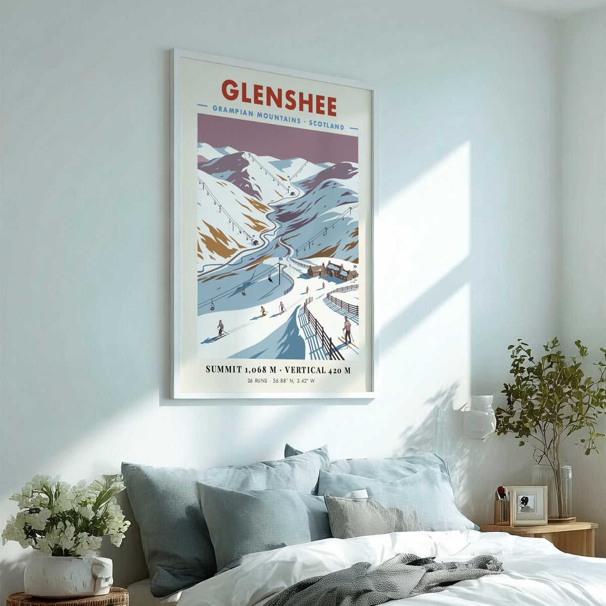 Poster of Glenshee in the Grampian Mountains featuring snow-covered slopes and ski lifts.