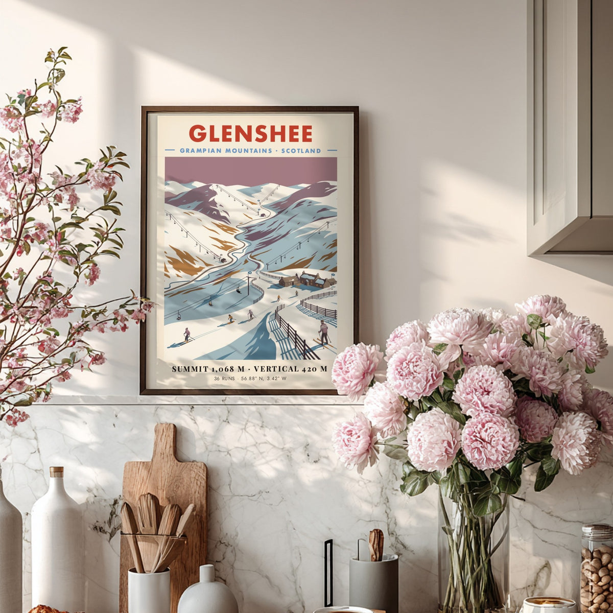 Poster of Glenshee in the Grampian Mountains featuring snow-covered slopes and ski lifts.
