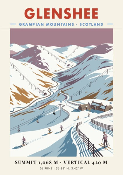 Poster of Glenshee in the Grampian Mountains featuring snow-covered slopes and ski lifts.