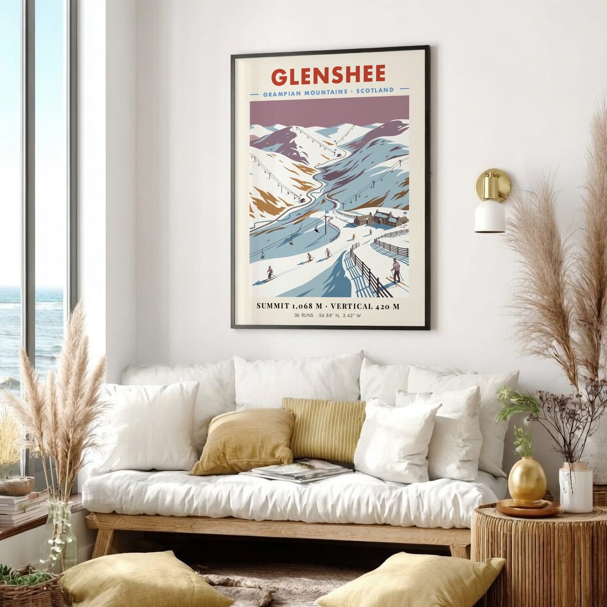 Poster of Glenshee in the Grampian Mountains featuring snow-covered slopes and ski lifts.