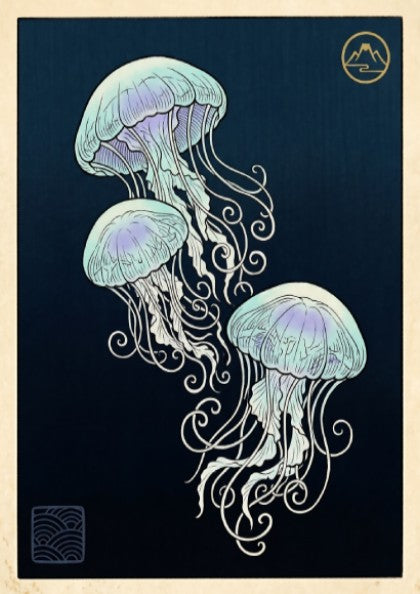 Japanese art style poster featuring glowing jellyfish in soft blue and purple hues