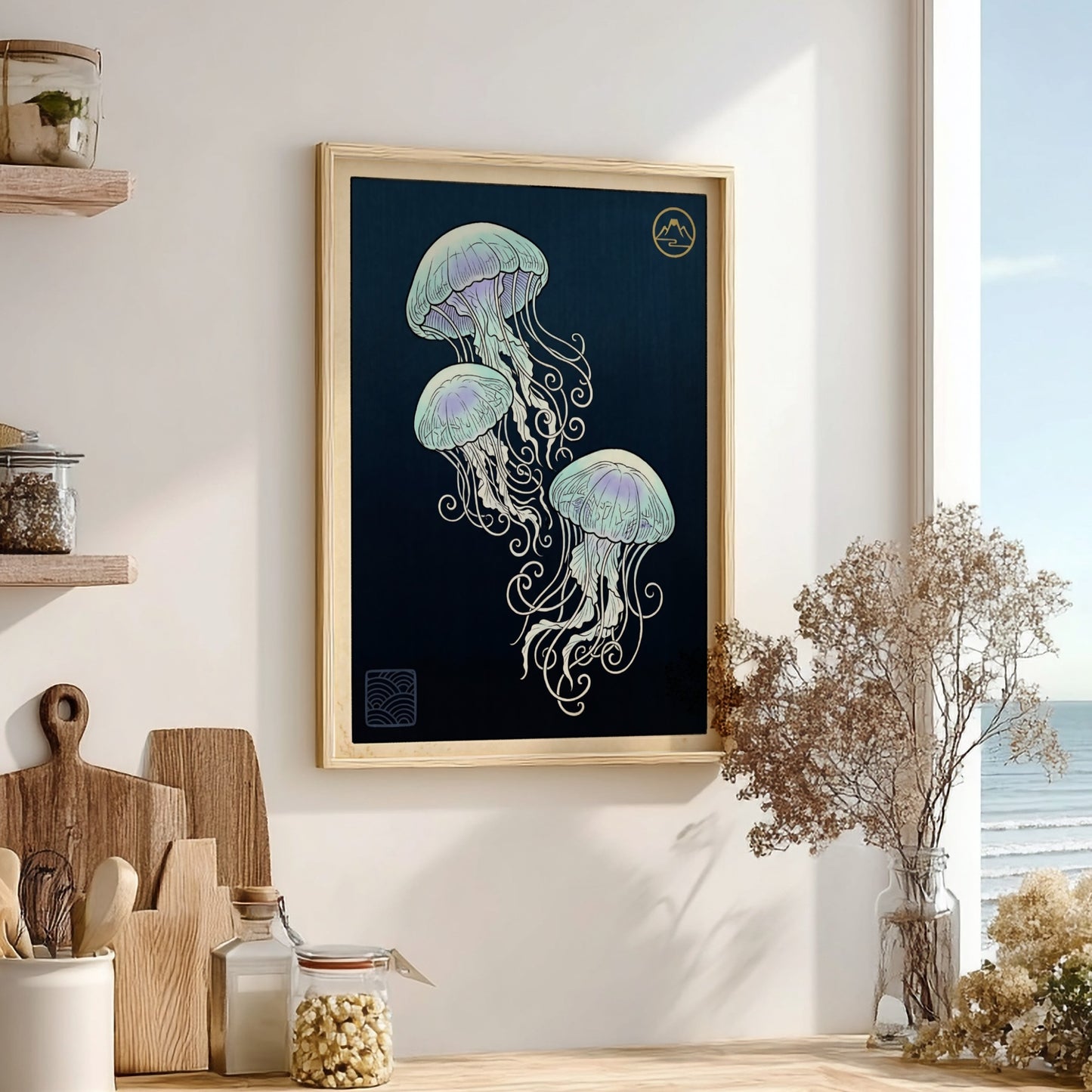 Japanese art style poster featuring glowing jellyfish in soft blue and purple hues