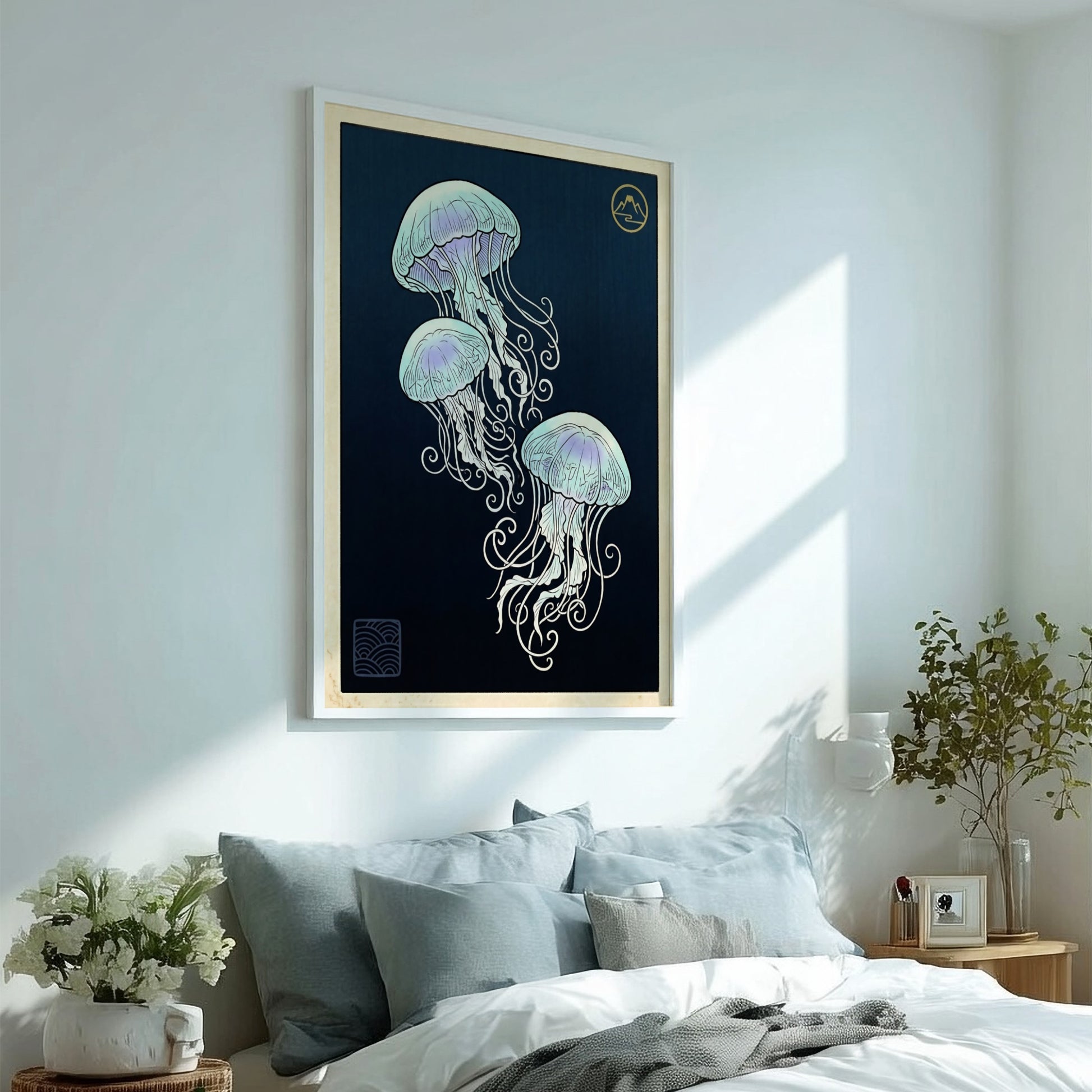 Japanese art style poster featuring glowing jellyfish in soft blue and purple hues