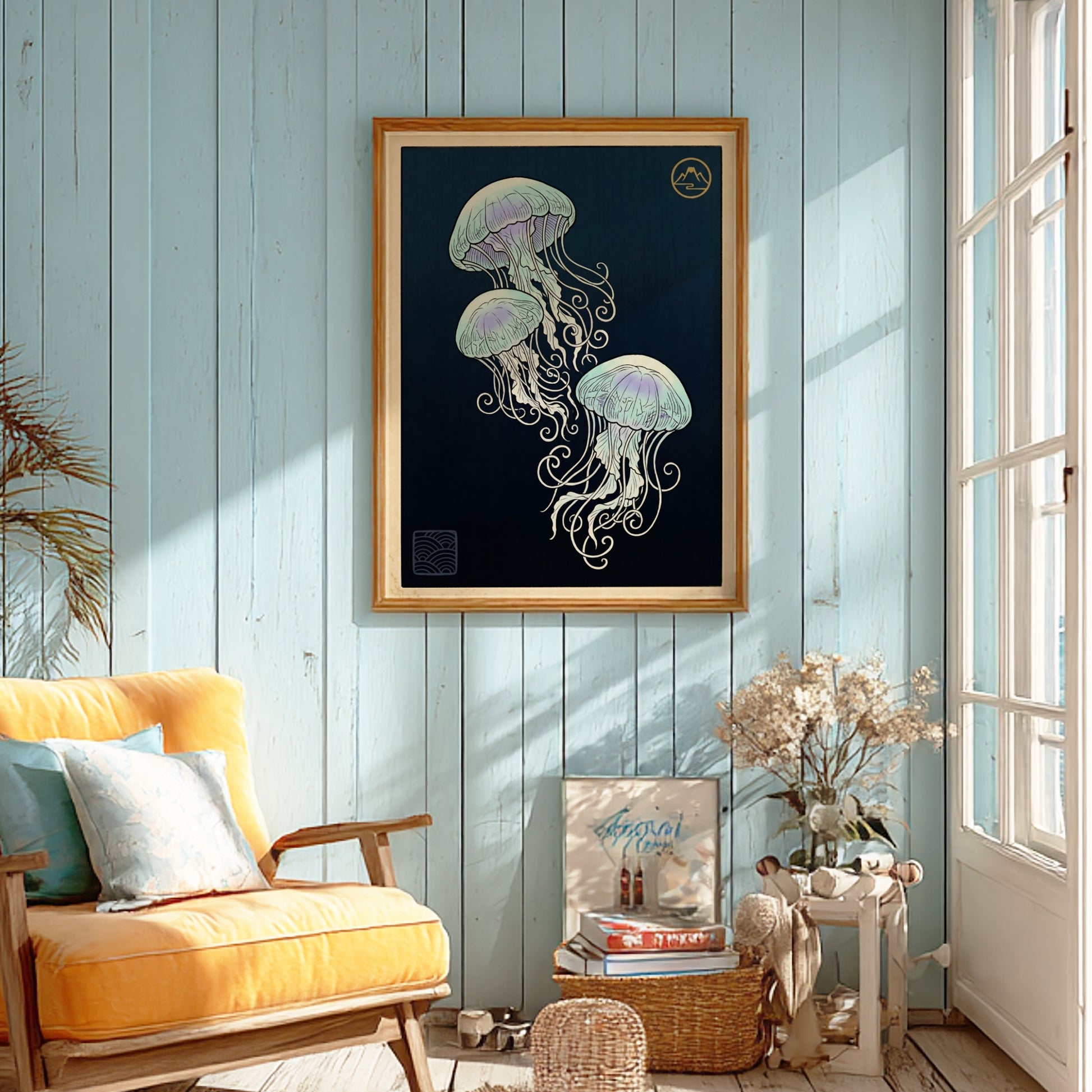 Japanese art style poster featuring glowing jellyfish in soft blue and purple hues