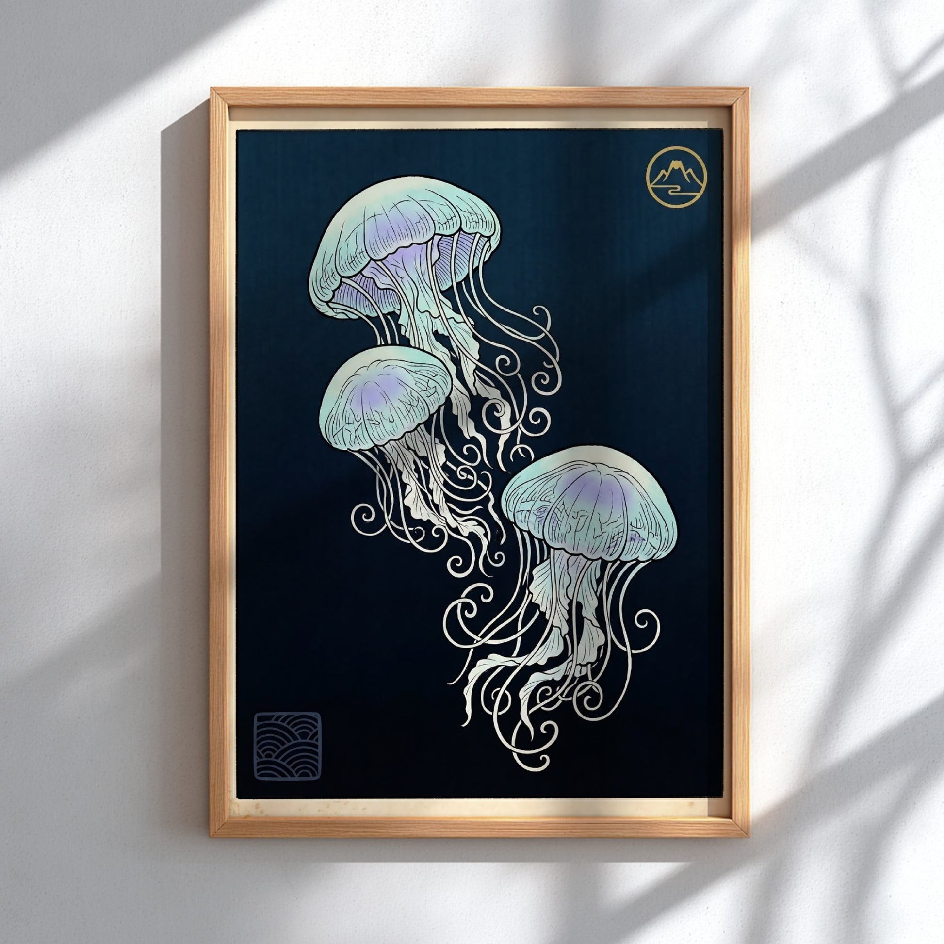 Japanese art style poster featuring glowing jellyfish in soft blue and purple hues