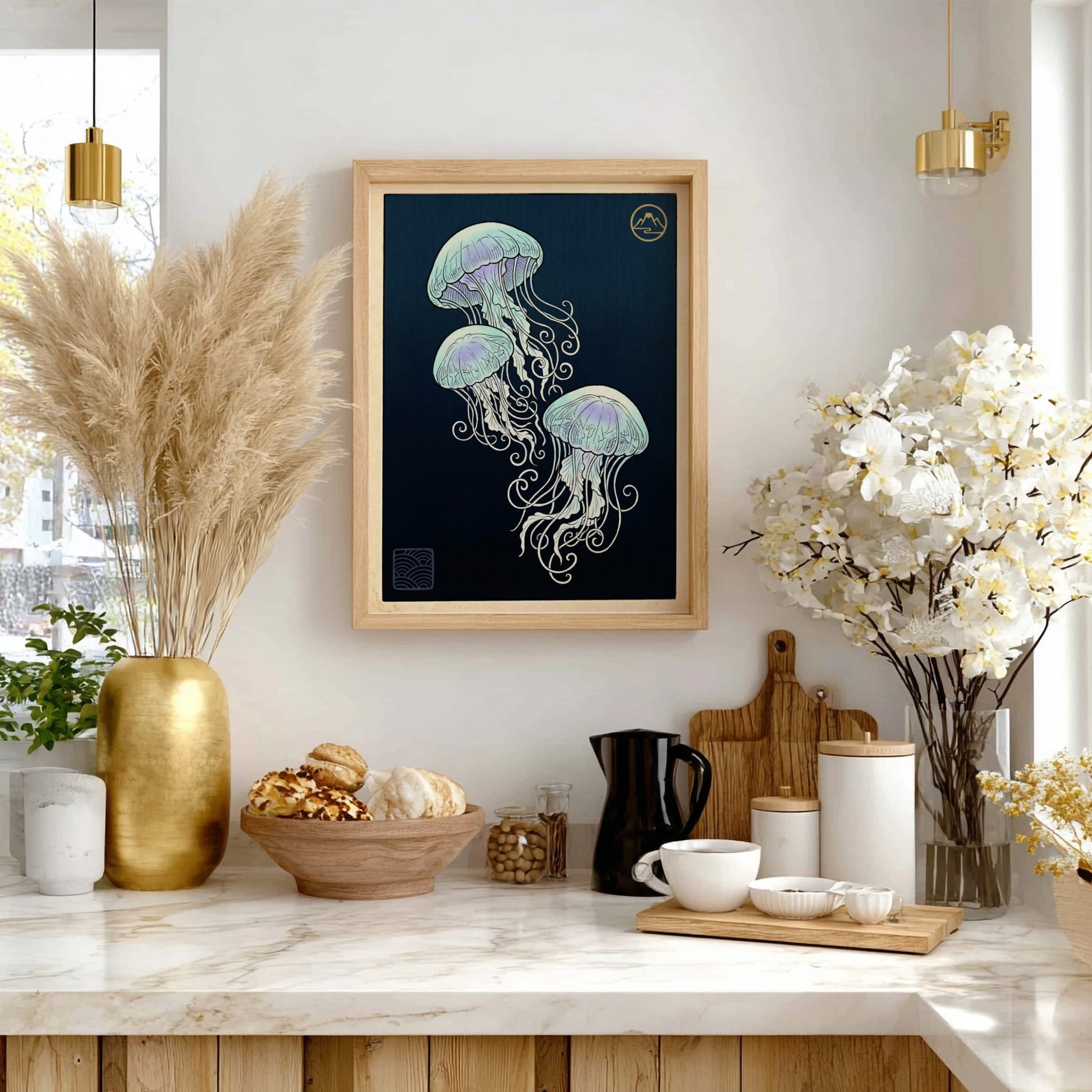 Japanese art style poster featuring glowing jellyfish in soft blue and purple hues