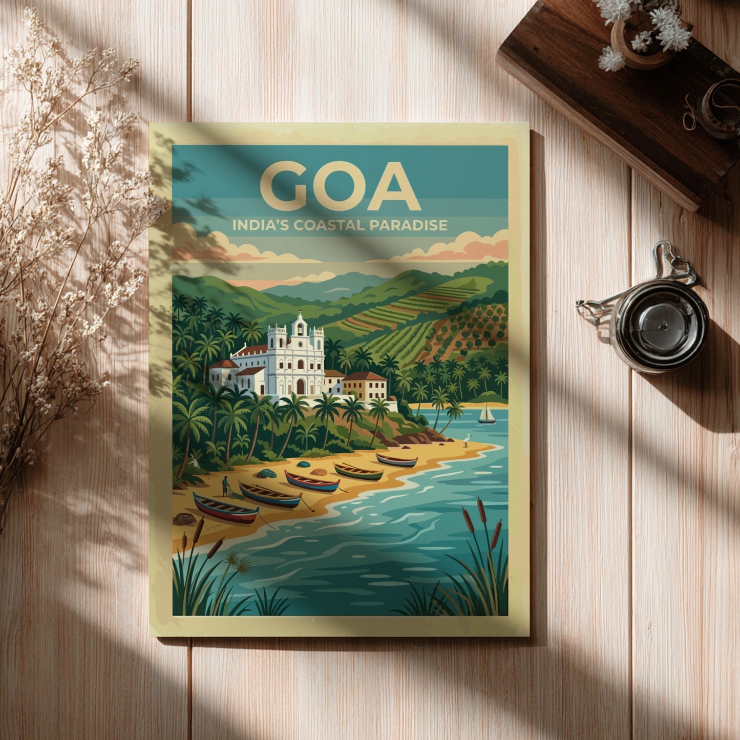 Travel poster of Goa India showing a white church, palm trees, and boats.