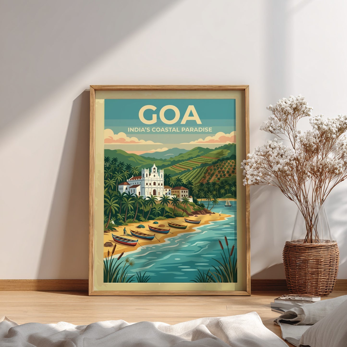 Travel poster of Goa India showing a white church, palm trees, and boats.