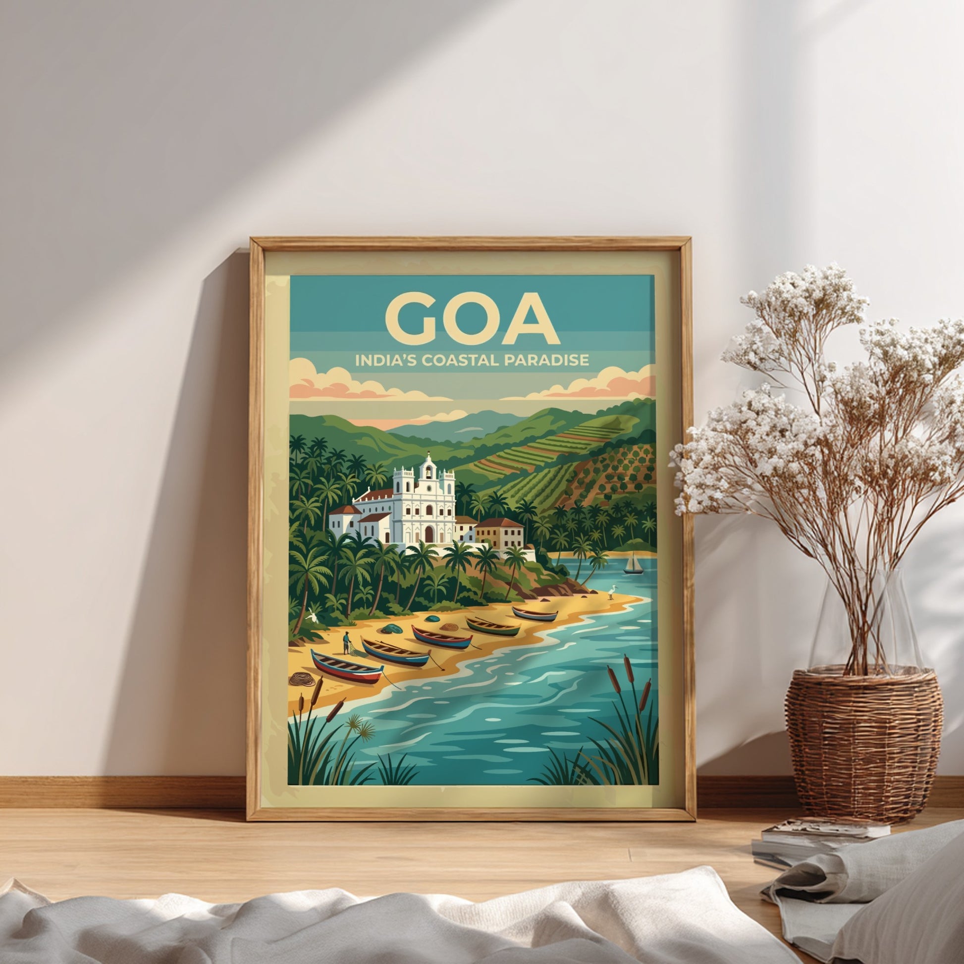 Travel poster of Goa India showing a white church, palm trees, and boats.