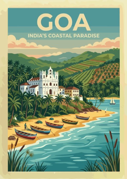 Travel poster of Goa India showing a white church, palm trees, and boats.