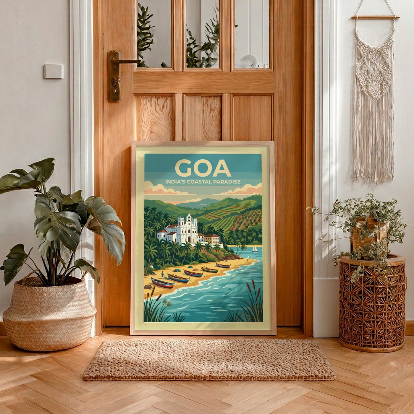 Travel poster of Goa India showing a white church, palm trees, and boats.