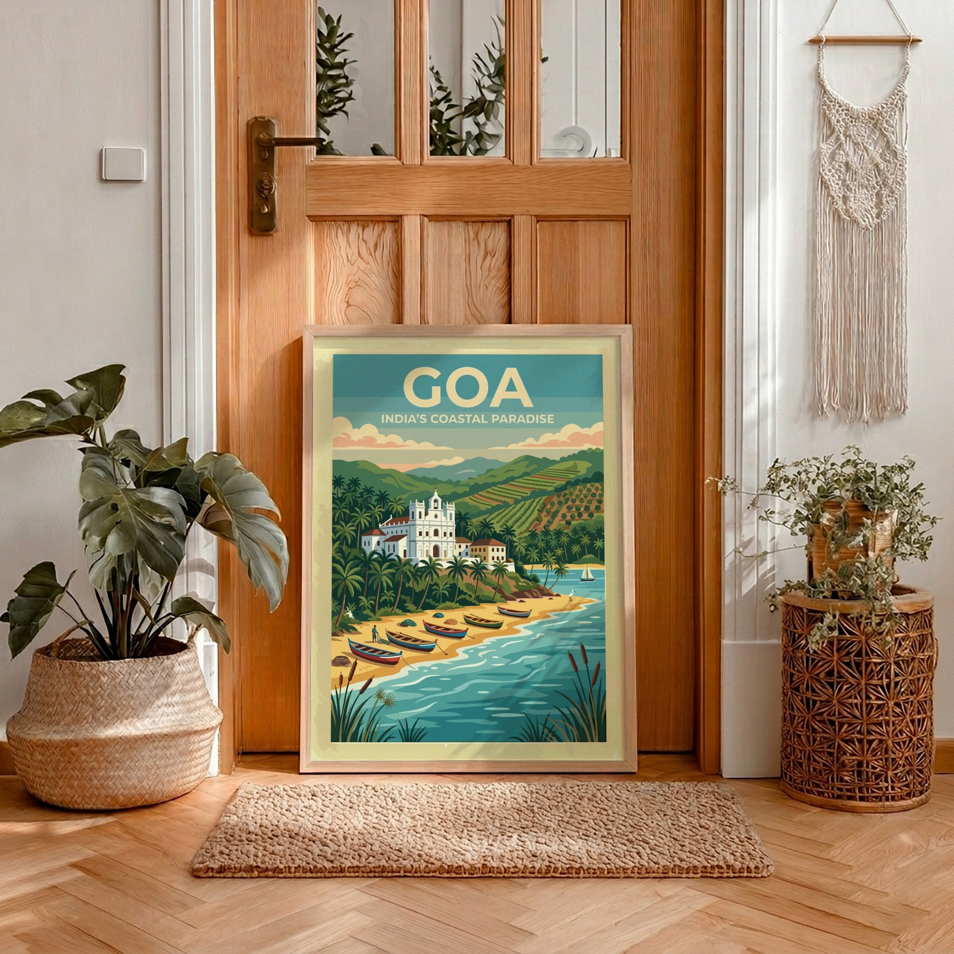 Travel poster of Goa India showing a white church, palm trees, and boats.