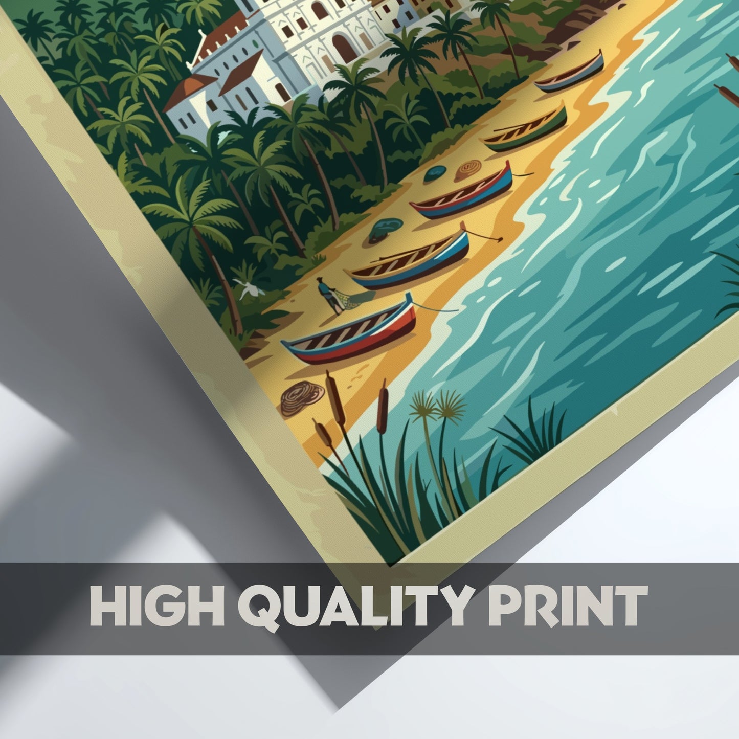 Travel poster of Goa India showing a white church, palm trees, and boats.