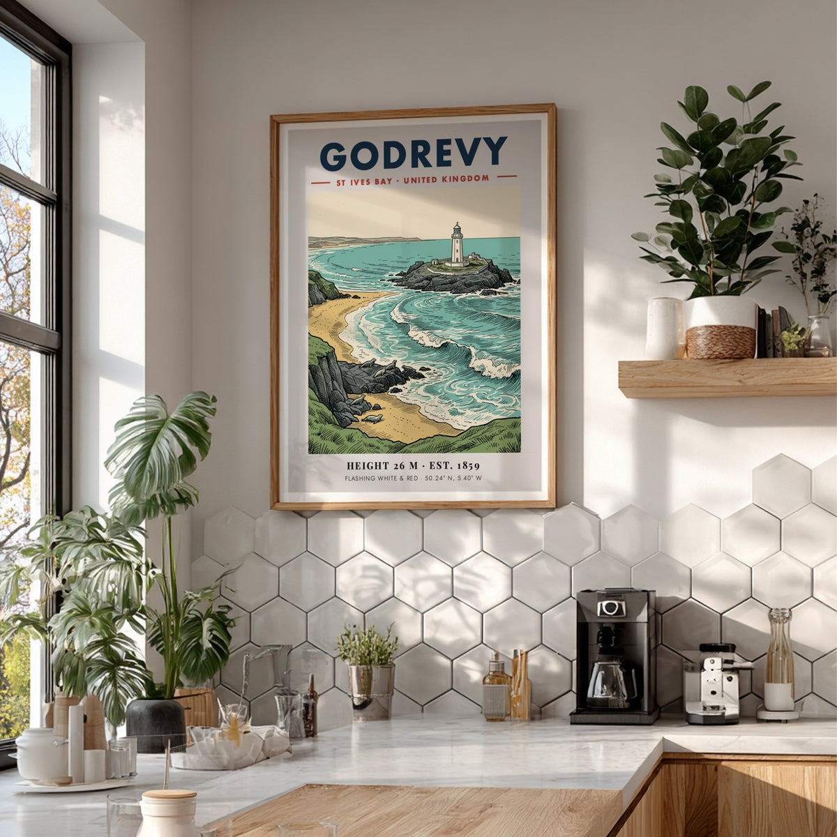 Poster of Godrevy Lighthouse in St Ives Bay with seals on a sandy beach.
