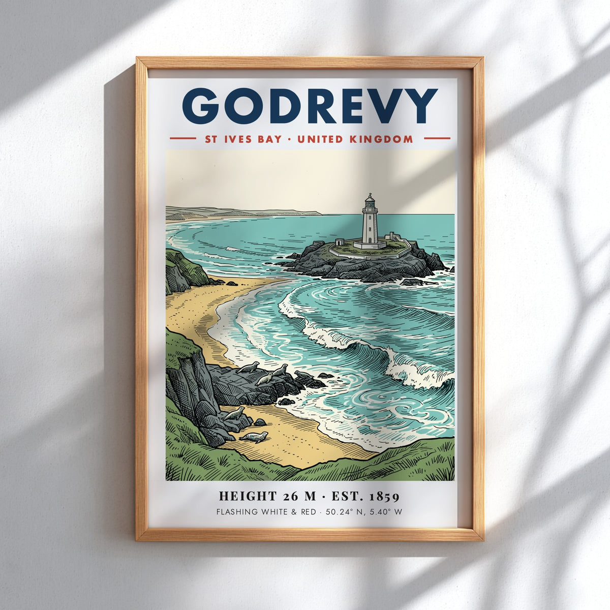 Poster of Godrevy Lighthouse in St Ives Bay with seals on a sandy beach.
