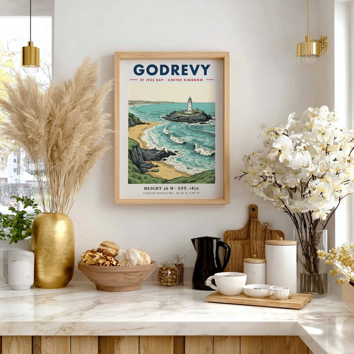 Poster of Godrevy Lighthouse in St Ives Bay with seals on a sandy beach.
