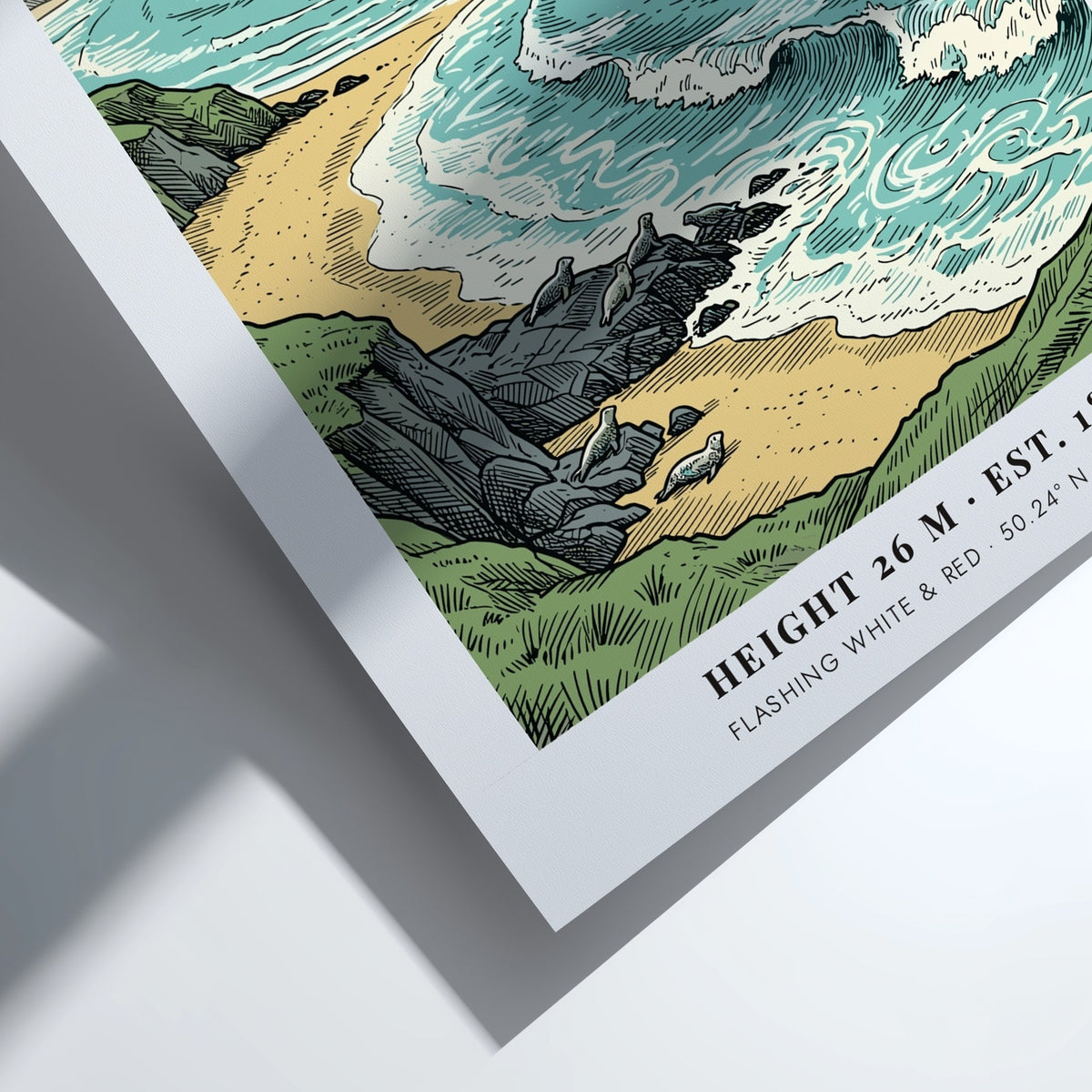Poster of Godrevy Lighthouse in St Ives Bay with seals on a sandy beach.