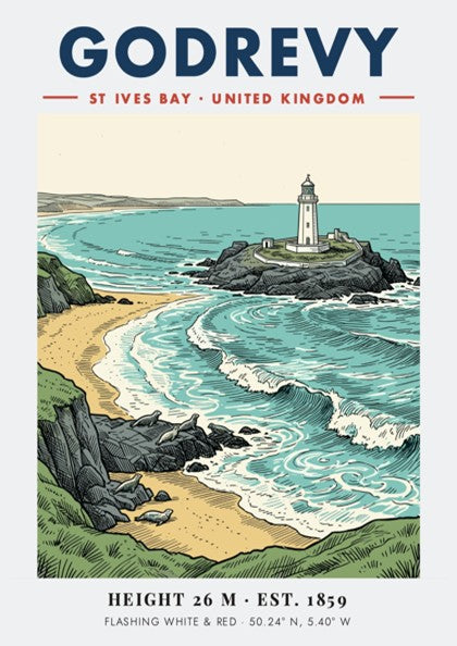 Poster of Godrevy Lighthouse in St Ives Bay with seals on a sandy beach.