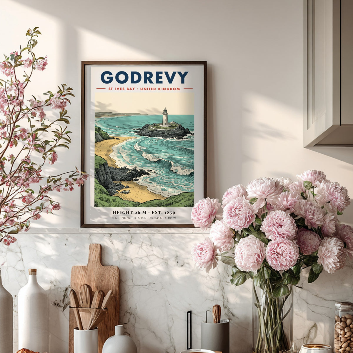 Poster of Godrevy Lighthouse in St Ives Bay with seals on a sandy beach.