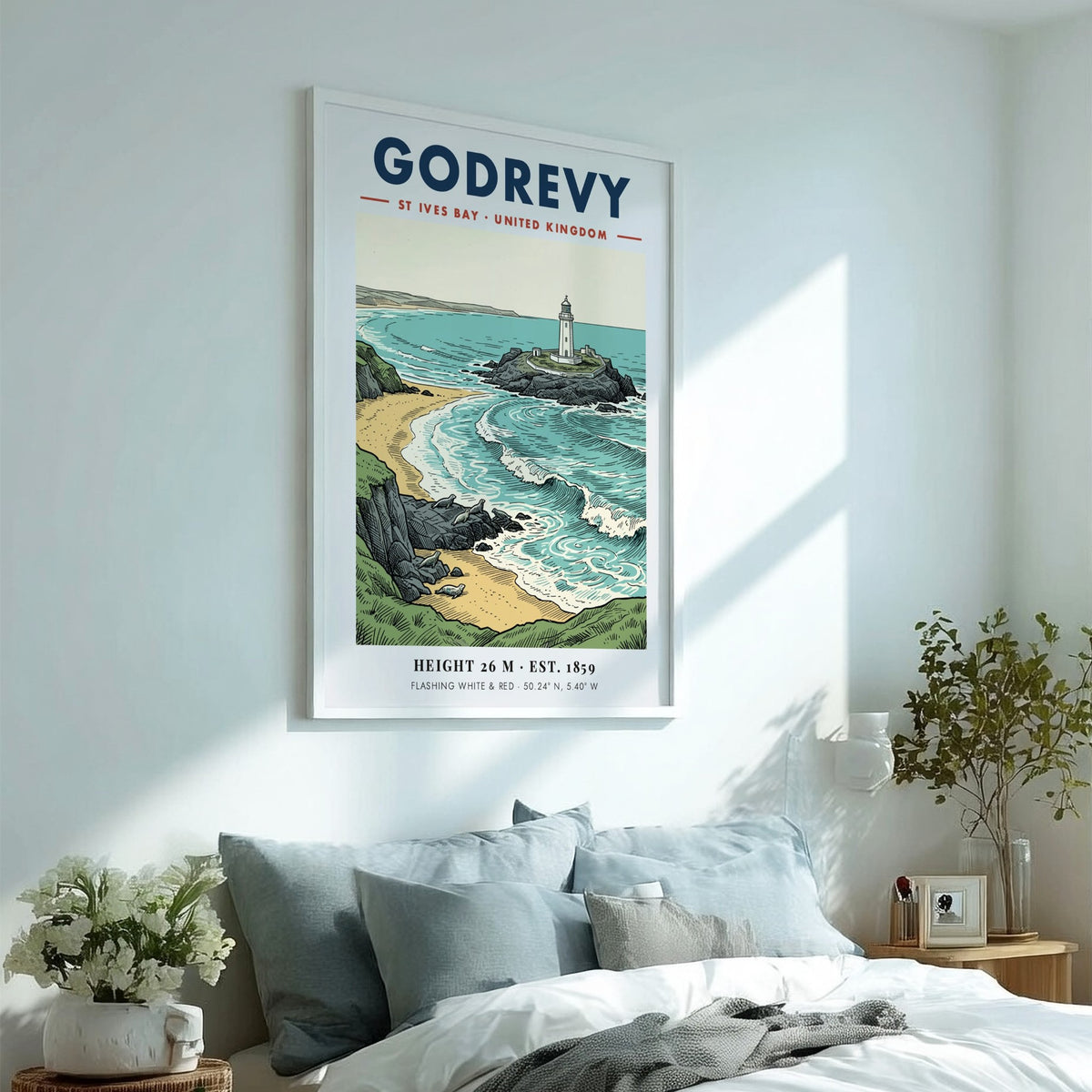 Poster of Godrevy Lighthouse in St Ives Bay with seals on a sandy beach.