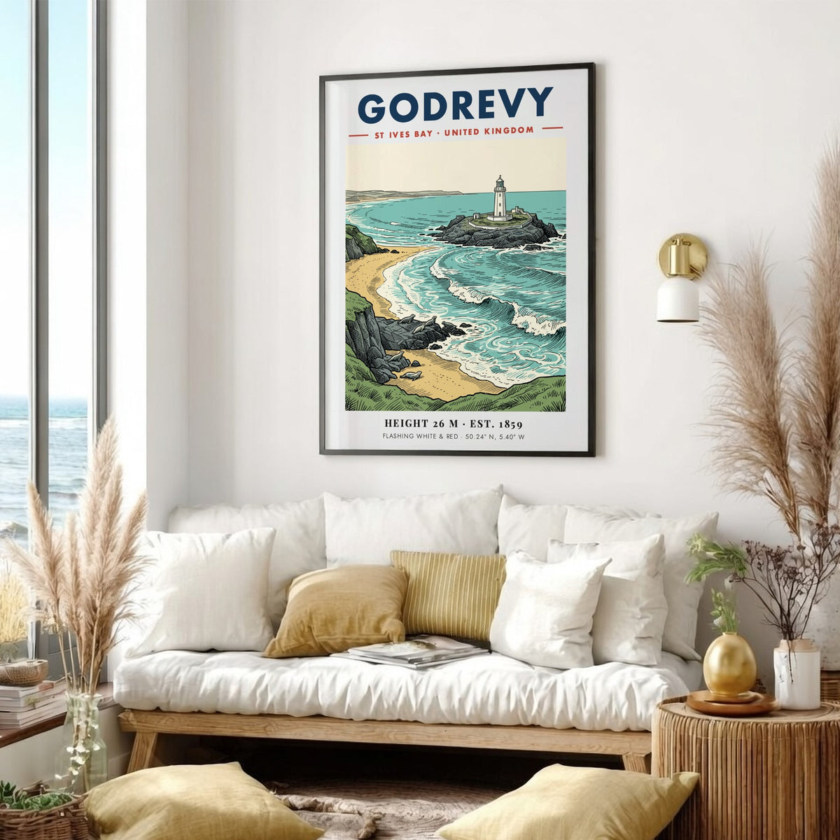 Poster of Godrevy Lighthouse in St Ives Bay with seals on a sandy beach.