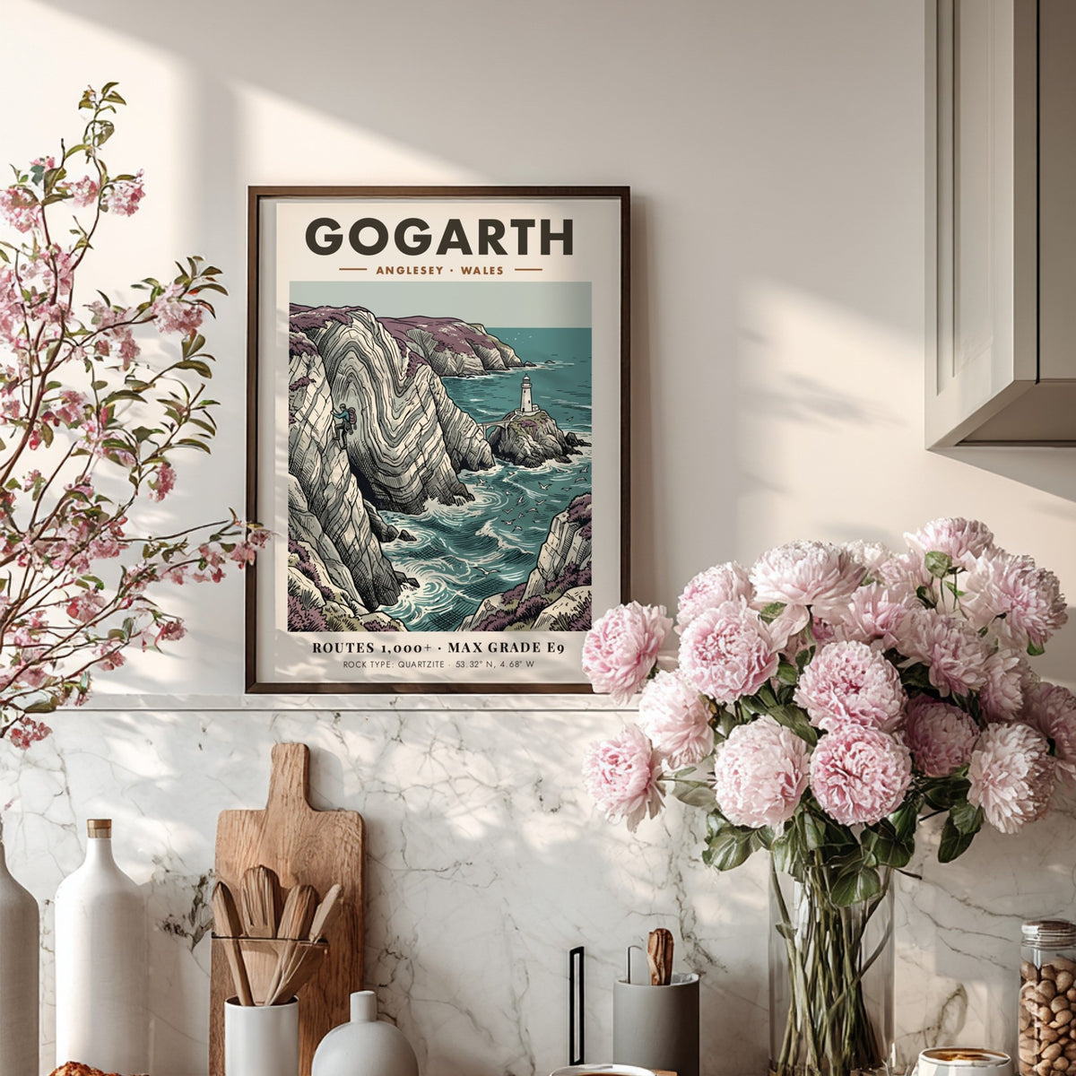 Poster of a climber on Gogarth cliffs in Anglesey with a distant lighthouse view.