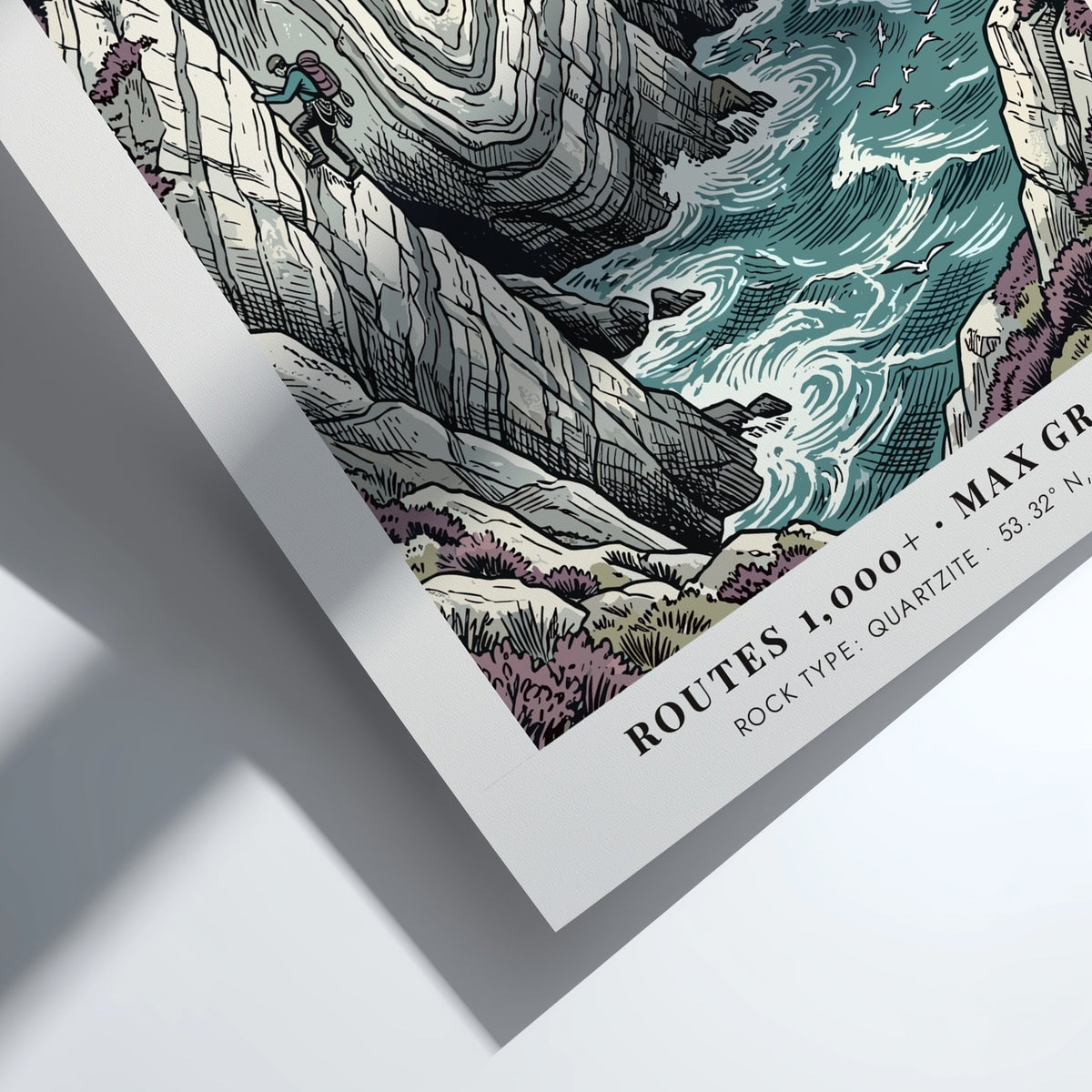 Poster of a climber on Gogarth cliffs in Anglesey with a distant lighthouse view.