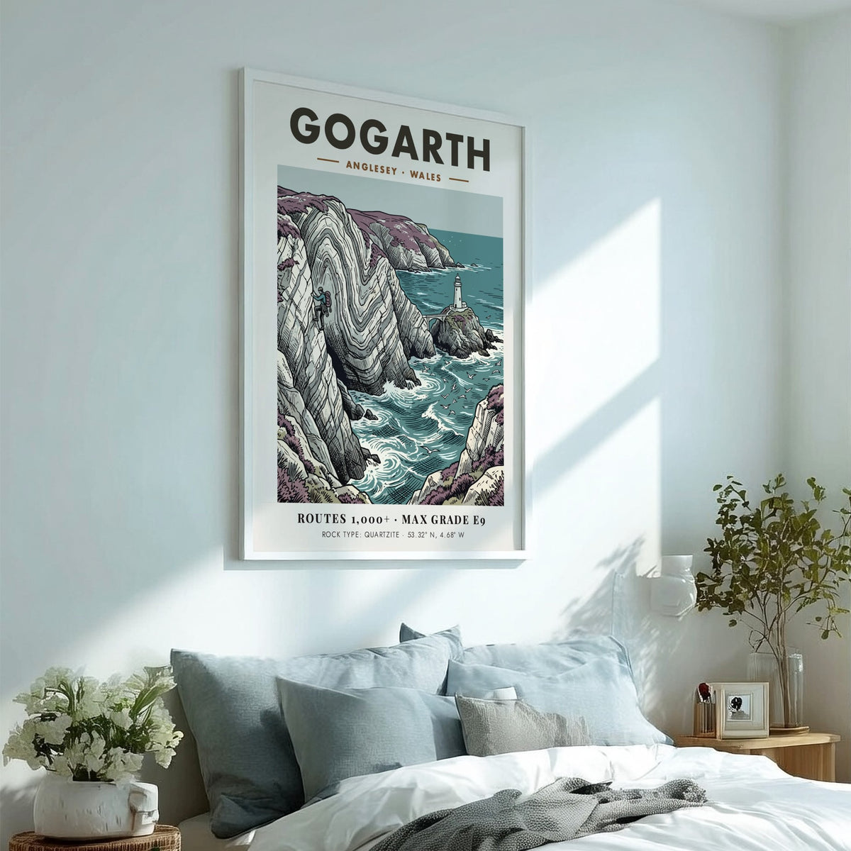 Poster of a climber on Gogarth cliffs in Anglesey with a distant lighthouse view.