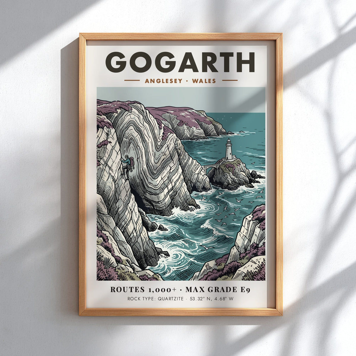 Poster of a climber on Gogarth cliffs in Anglesey with a distant lighthouse view.