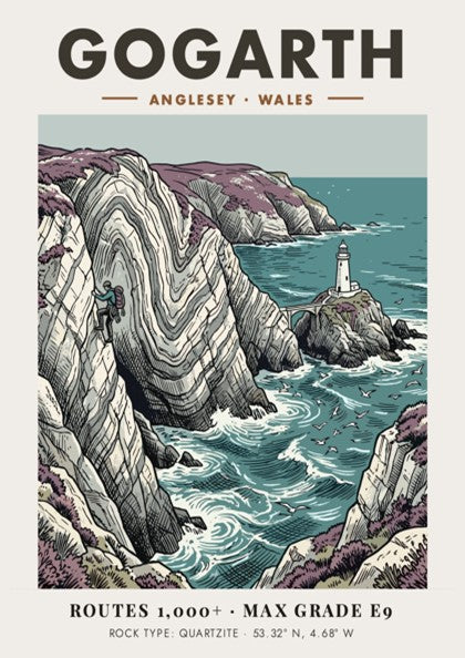 Poster of a climber on Gogarth cliffs in Anglesey with a distant lighthouse view.