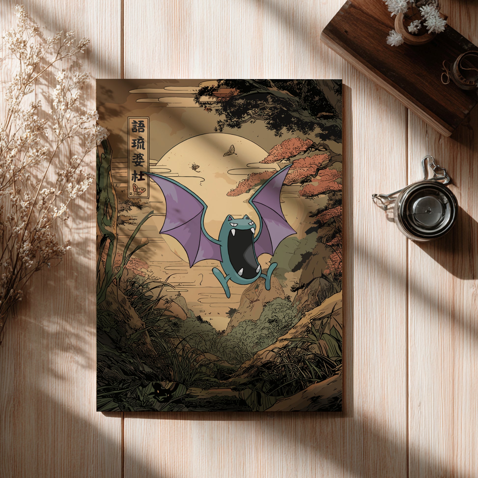 Wooden board with a colorful illustration of Golbat Pokemon on a wooden surface.